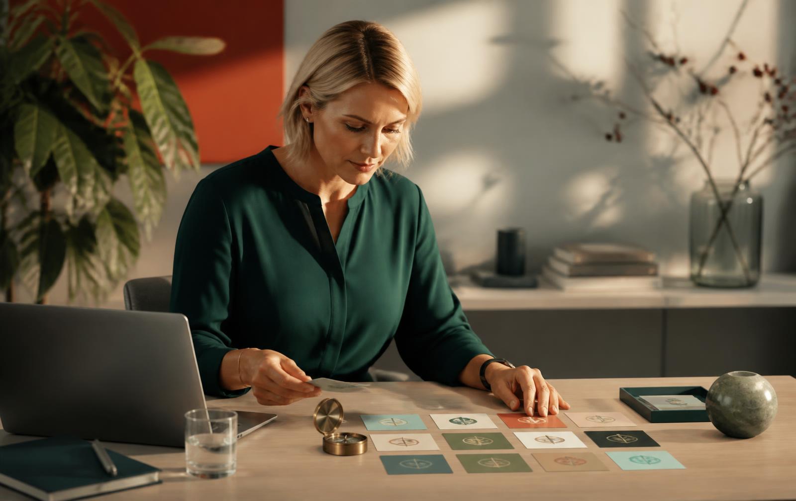 Illustration för WorkLife Compass: en person reflekterar med kort och en kompass vid ett skrivbord med en bärbar dator